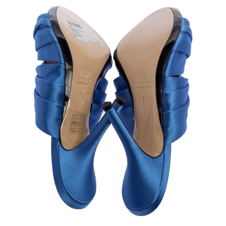 Pre Owned N21 Blue Satin Twisted Knot Mule Sandals Size 39