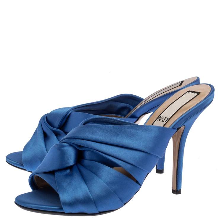 Pre Owned N21 Blue Satin Twisted Knot Mule Sandals Size 39