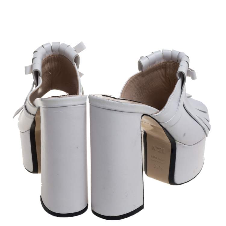 Pre Owned N21 White Leather Fringed Platform Mule Sandals Size 38.5