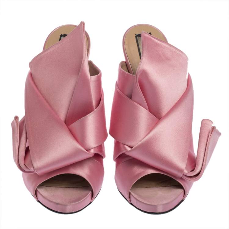 Pre Owned N21 Pink Satin Raso Peep Toe Mules Size 39.5