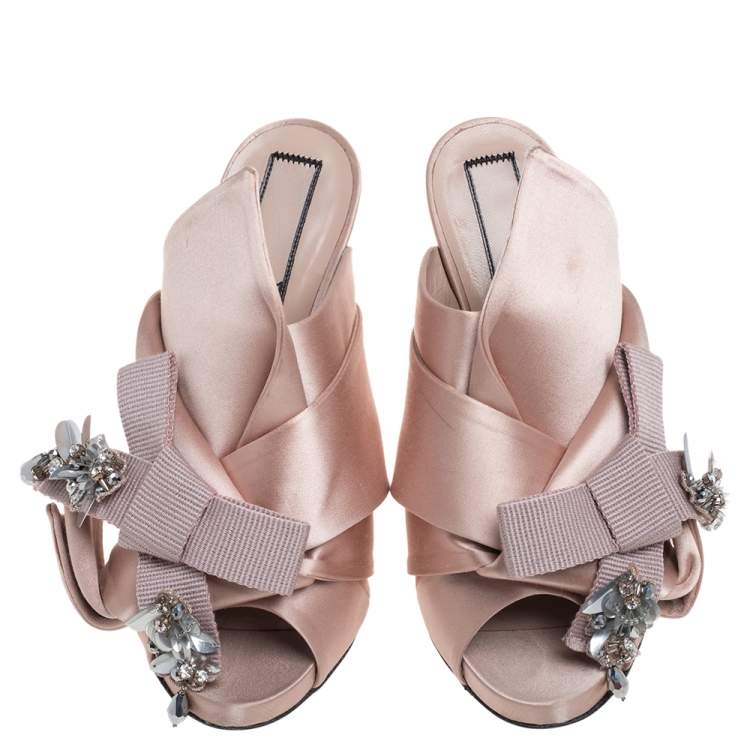 Pre Owned N21 Beige Satin Embellished Knot Mule Sandals Size 39