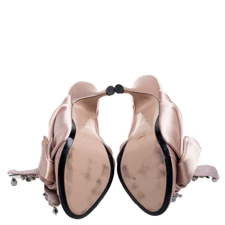Pre Owned N21 Beige Satin Embellished Knot Mule Sandals Size 39