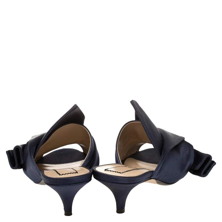 Pre Owned Nº21 Navy Blue Satin Raso Knot Peep Toe Kitten Heel Mules Size 37