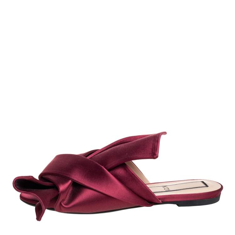 Pre Owned Nº21 Burgundy Satin Raso Knot Flat Slides Size 39