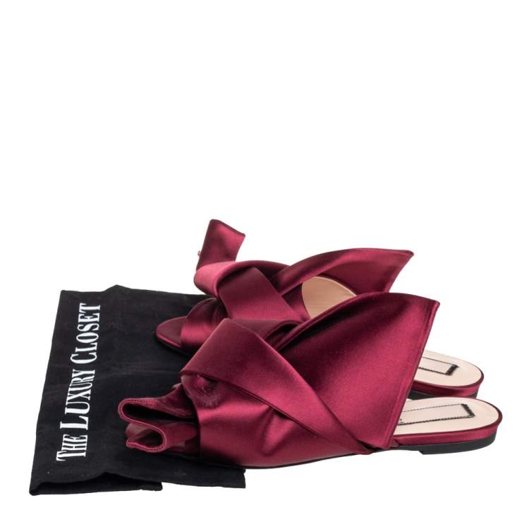 Pre Owned Nº21 Burgundy Satin Knot Flat Slides Size 39