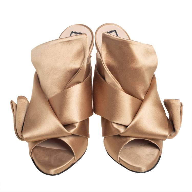 Pre Owned N21 Brown Satin Raso Knot Peep Toe Mules Size 37