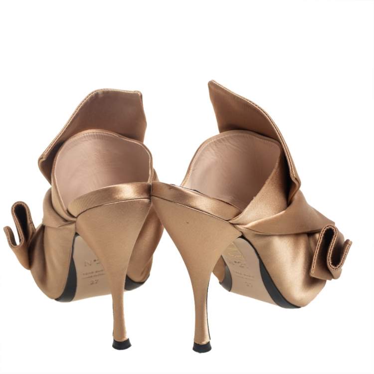 Pre Owned N21 Brown Satin Raso Knot Peep Toe Mules Size 37