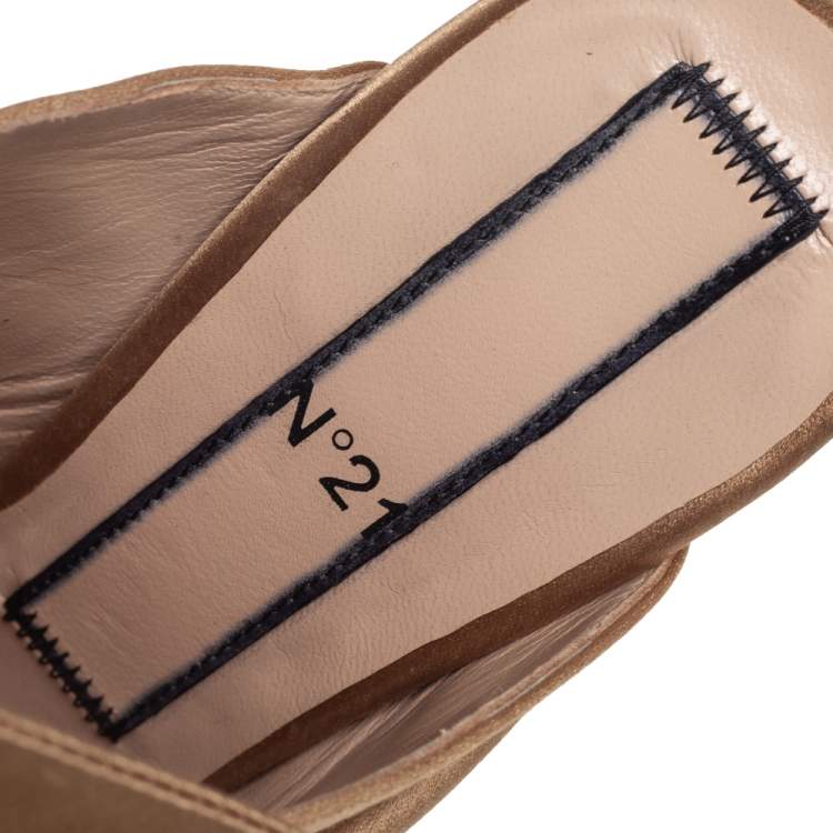 Pre Owned N21 Brown Satin Raso Knot Peep Toe Mules Size 37