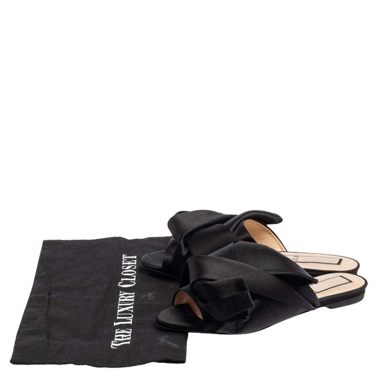 Pre Owned N21 Black Satin Knot Flat Mules Size 38