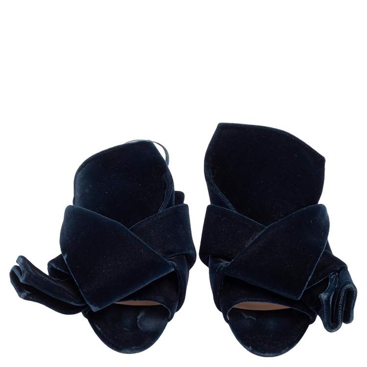 Pre Owned N21 Dark Blue Velvet Knot Flat Mules Size 38