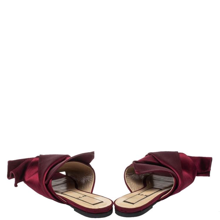 Pre Owned Nº21 Burgundy Satin Raso Knot Flat Slides Size 37.5