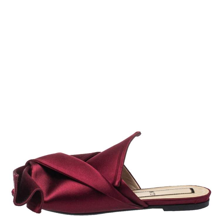Pre Owned Nº21 Burgundy Satin Raso Knot Flat Slides Size 37.5