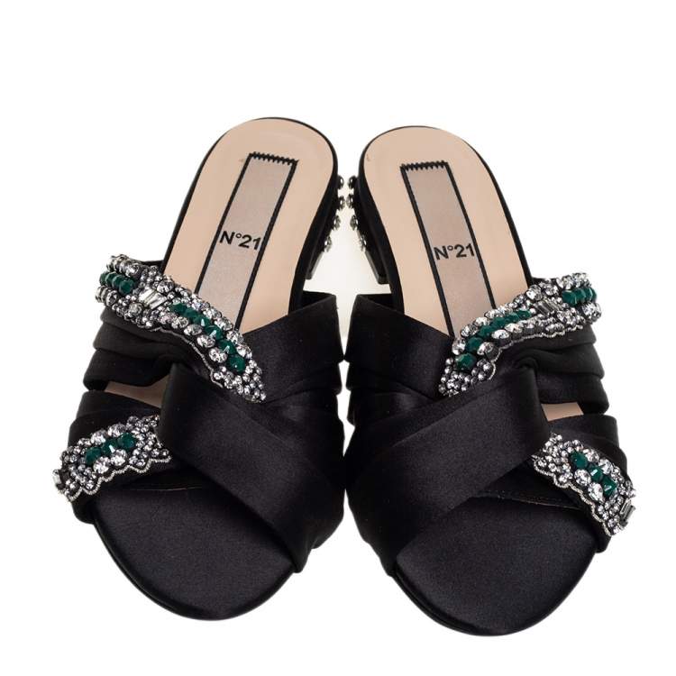 Pre Owned Nº21 Black Satin Crystal Embellished Knotted Flat Slides Size 37