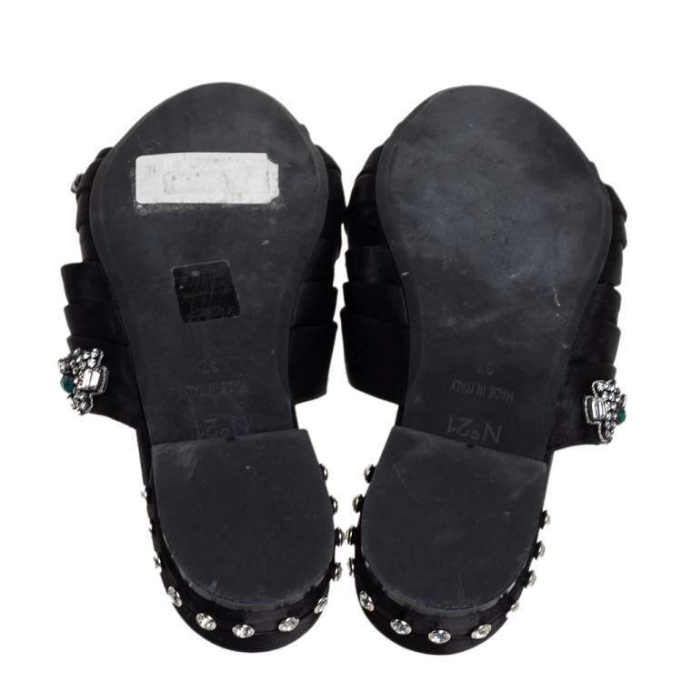 Pre Owned Nº21 Black Satin Crystal Embellished Knotted Flat Slides Size 37