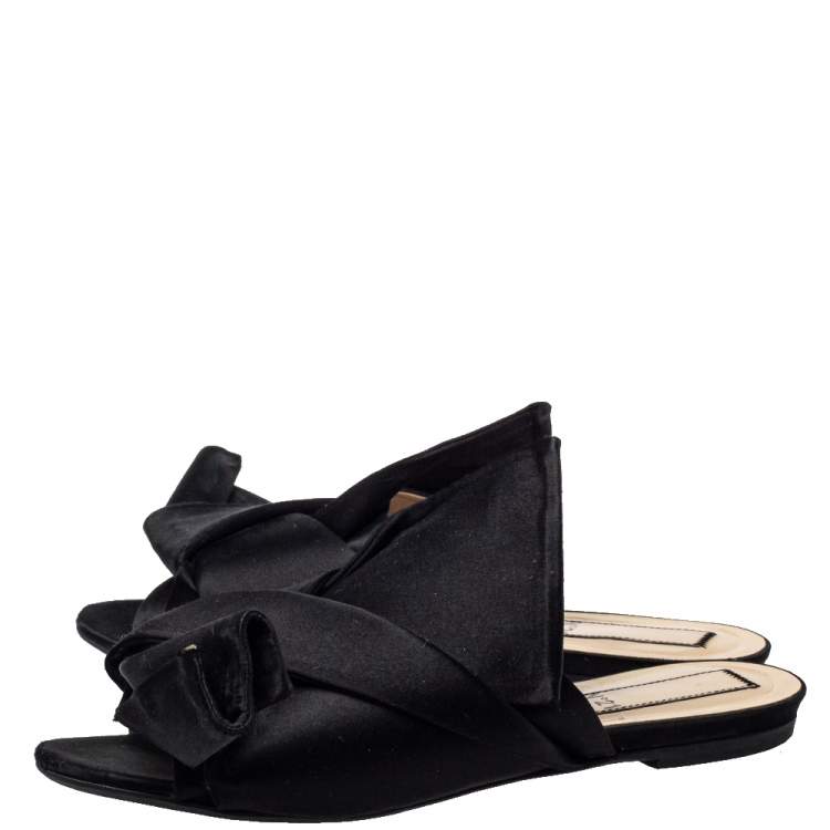 Pre Owned N21 Black Satin Raso Knot Peep Toe Flat Slides Size 39 