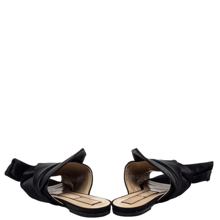 Pre Owned N21 Black Satin Raso Knot Peep Toe Flat Slides Size 39 