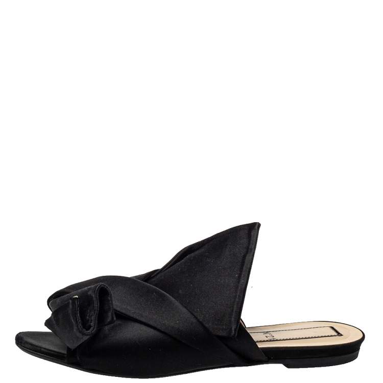 Pre Owned N21 Black Satin Raso Knot Peep Toe Flat Slides Size 39 