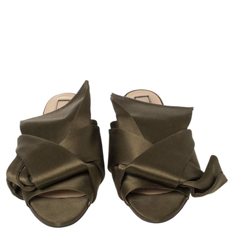 Pre Owned N21 Green Satin Knot Flat Mules Size 39