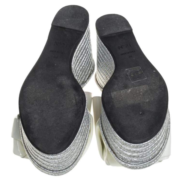 Pre Owned N21 White Patent Leather Knotted Espadrille Wedge Platform Sandals Size 38
