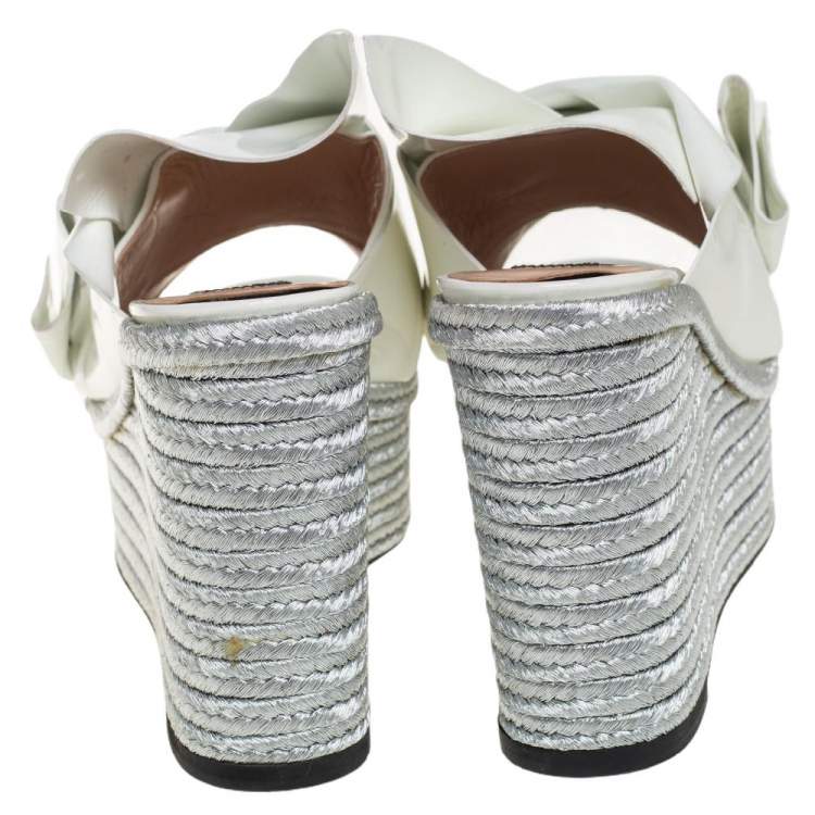 Pre Owned N21 White Patent Leather Knotted Espadrille Wedge Platform Sandals Size 38