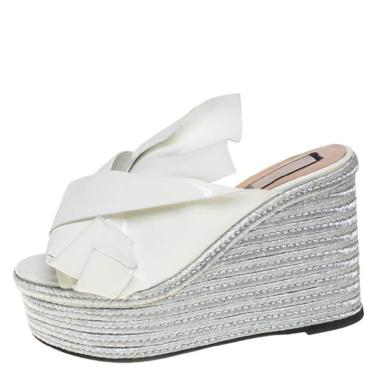 Pre Owned N21 White Patent Leather Knotted Espadrille Wedge Platform Sandals Size 38