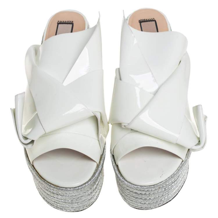 Pre Owned N21 White Patent Leather Knotted Espadrille Wedge Platform Sandals Size 38