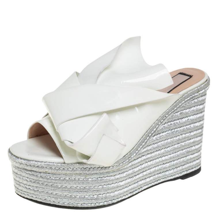 Pre Owned N21 White Patent Leather Knotted Espadrille Wedge Platform Sandals Size 38