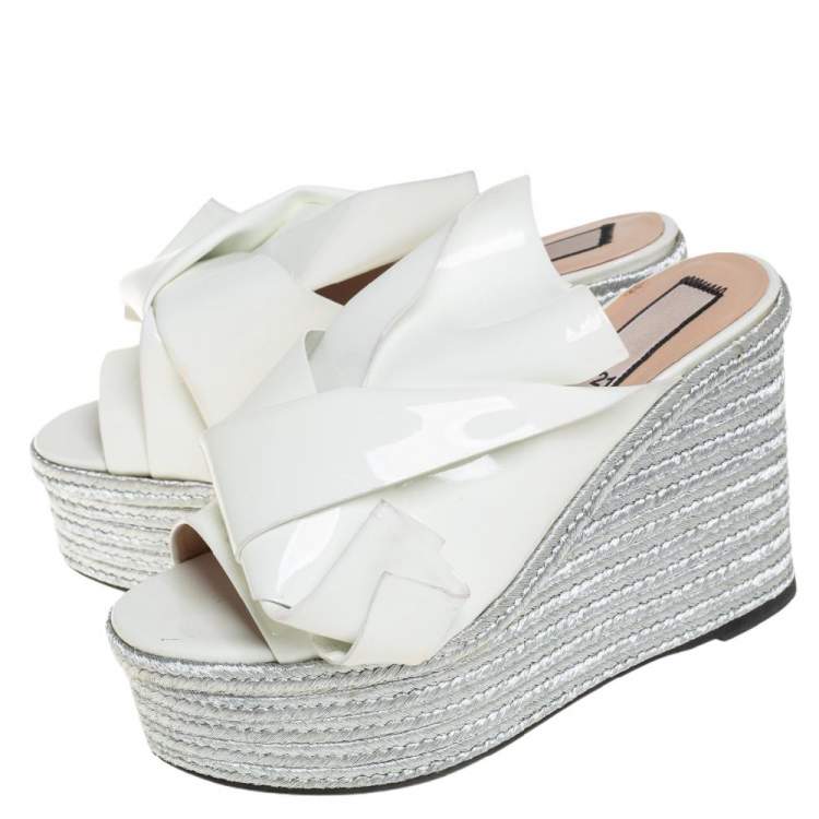 Pre Owned N21 White Patent Leather Knotted Espadrille Wedge Platform Sandals Size 38