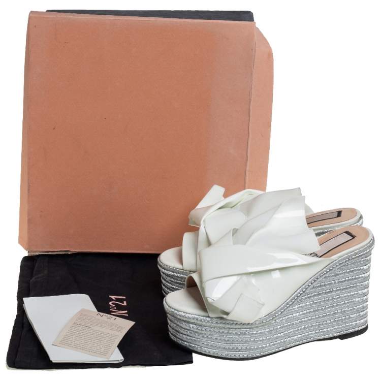 Pre Owned N21 White Patent Leather Knotted Espadrille Wedge Platform Sandals Size 38