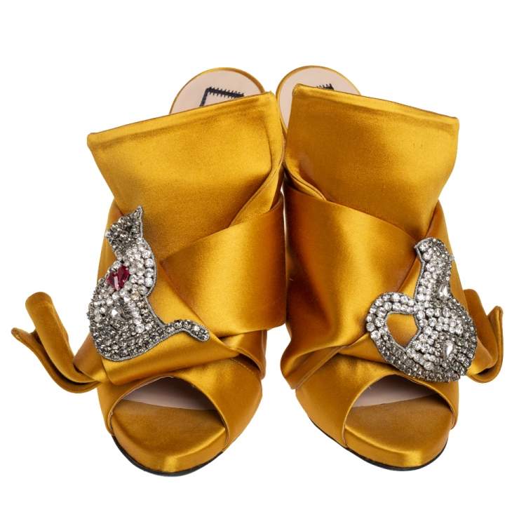 Pre Owned Nº21  Yellow Satin Crystal Embellished Knot Mules Size 36.5