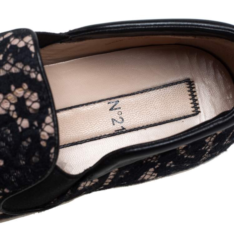 Pre Owned N21 Black Lace And Leather  Slip On Sneakers Size 38