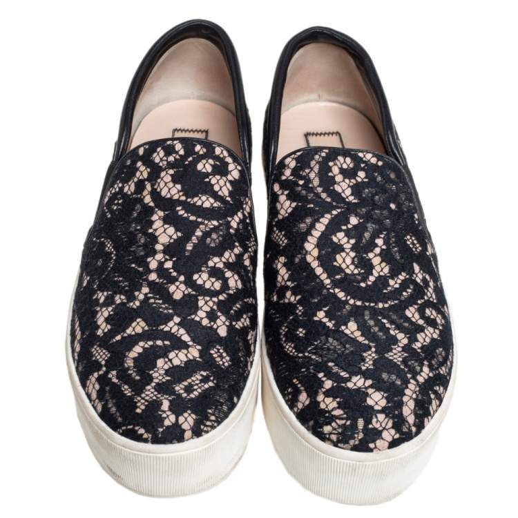 Pre Owned N21 Black Lace And Leather  Slip On Sneakers Size 38