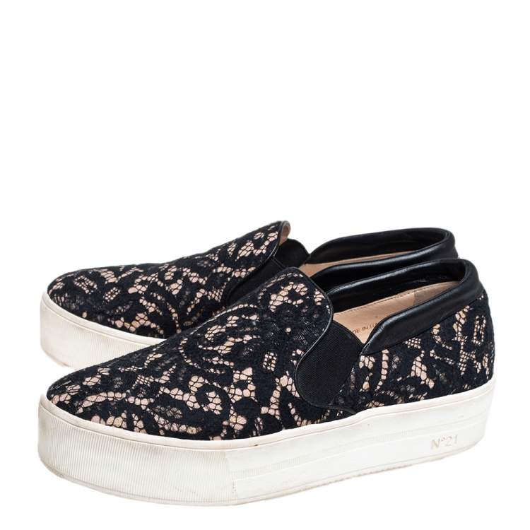 Pre Owned N21 Black Lace And Leather  Slip On Sneakers Size 38