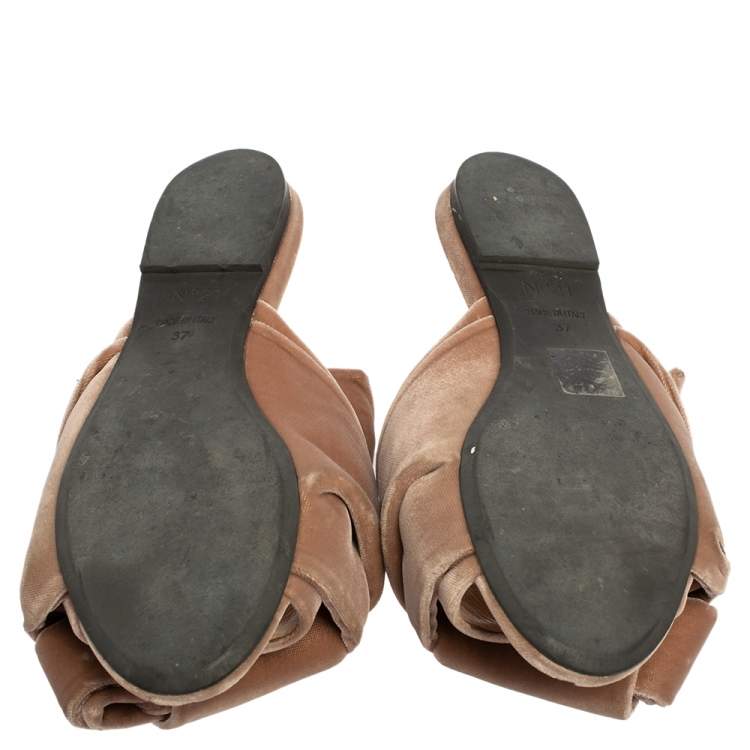 Pre Owned Nº21 Beige Velvet Knot Flat Slide Sandals Size 37