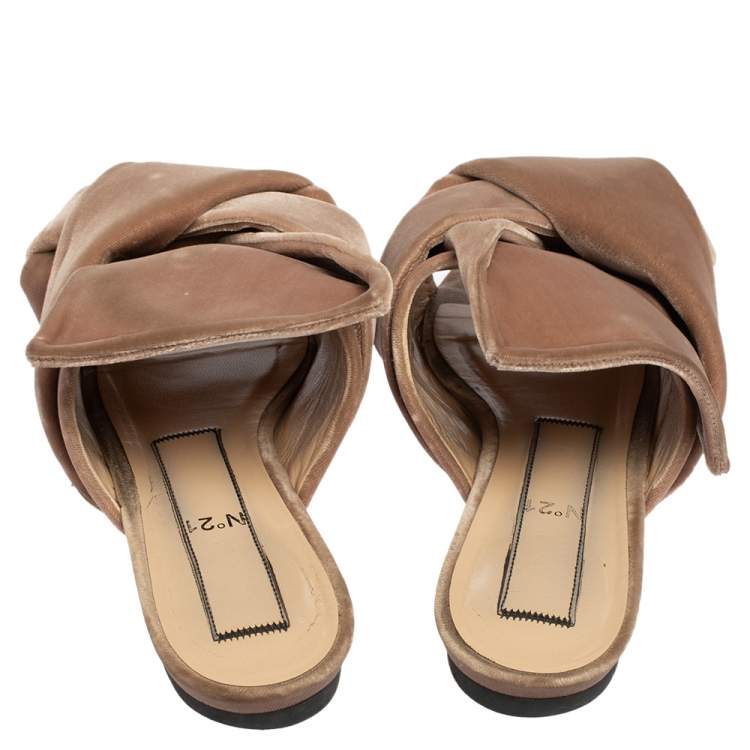 Pre Owned Nº21 Beige Velvet Knot Flat Slide Sandals Size 37