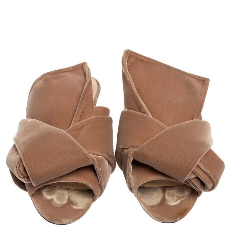 Pre Owned Nº21 Beige Velvet Knot Flat Slide Sandals Size 37