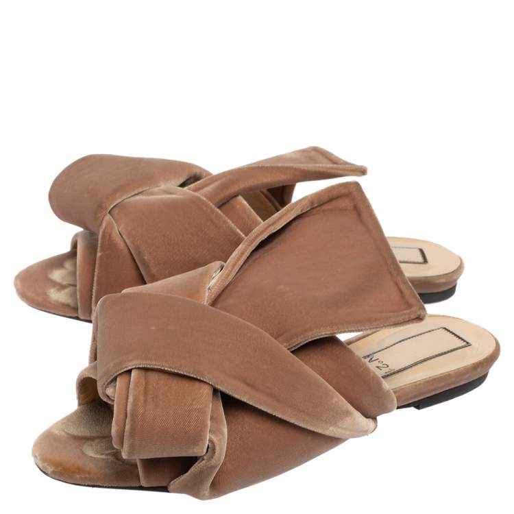 Pre Owned Nº21 Beige Velvet Knot Flat Slide Sandals Size 37