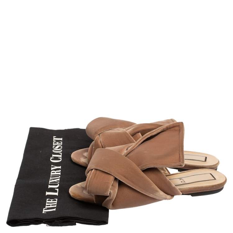 Pre Owned Nº21 Beige Velvet Knot Flat Slide Sandals Size 37