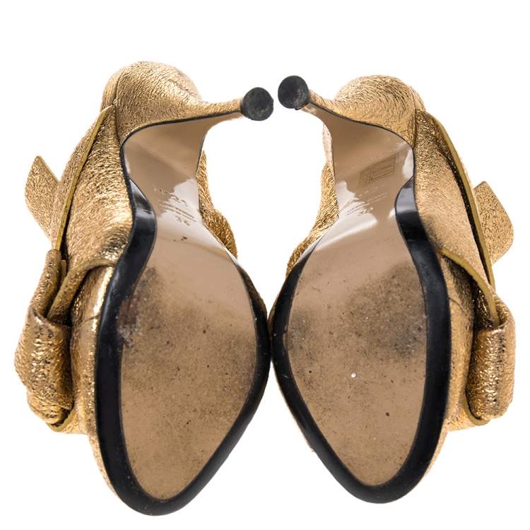 Pre Owned N21  Glitter Knot  Gold Crackled Leather  Mule Sandals Size 36