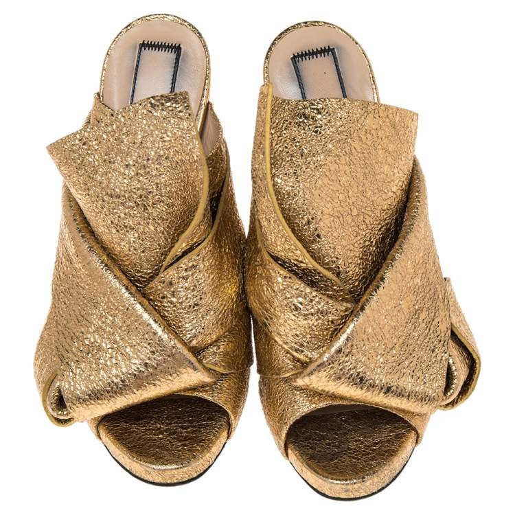 Pre Owned N21  Glitter Knot  Gold Crackled Leather  Mule Sandals Size 36