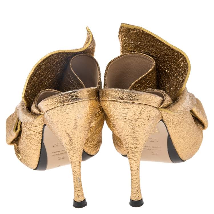 Pre Owned N21  Glitter Knot  Gold Crackled Leather  Mule Sandals Size 36