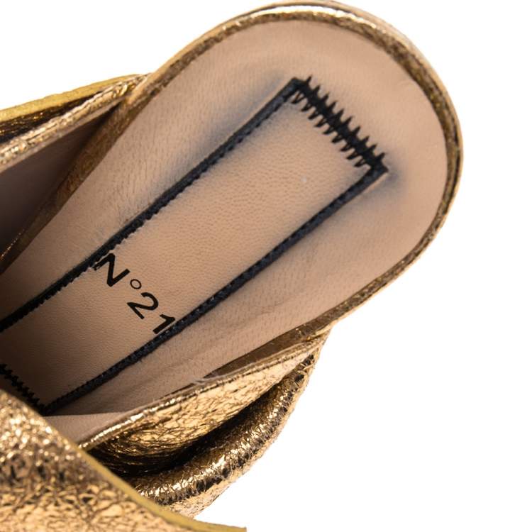Pre Owned N21  Glitter Knot  Gold Crackled Leather  Mule Sandals Size 36