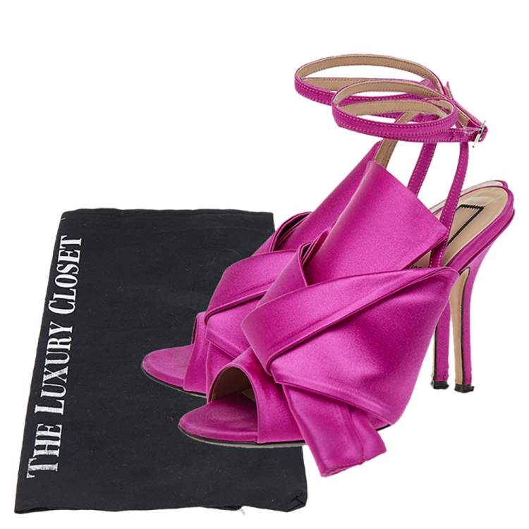 Pre Owned N21 Pink Satin Raso Knot Ankle Wrap Sandals Size 37