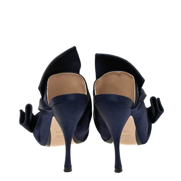 Pre Owned Nº21 Navy Blue Satin Raso Knot Peep Toe Mules Size 38 