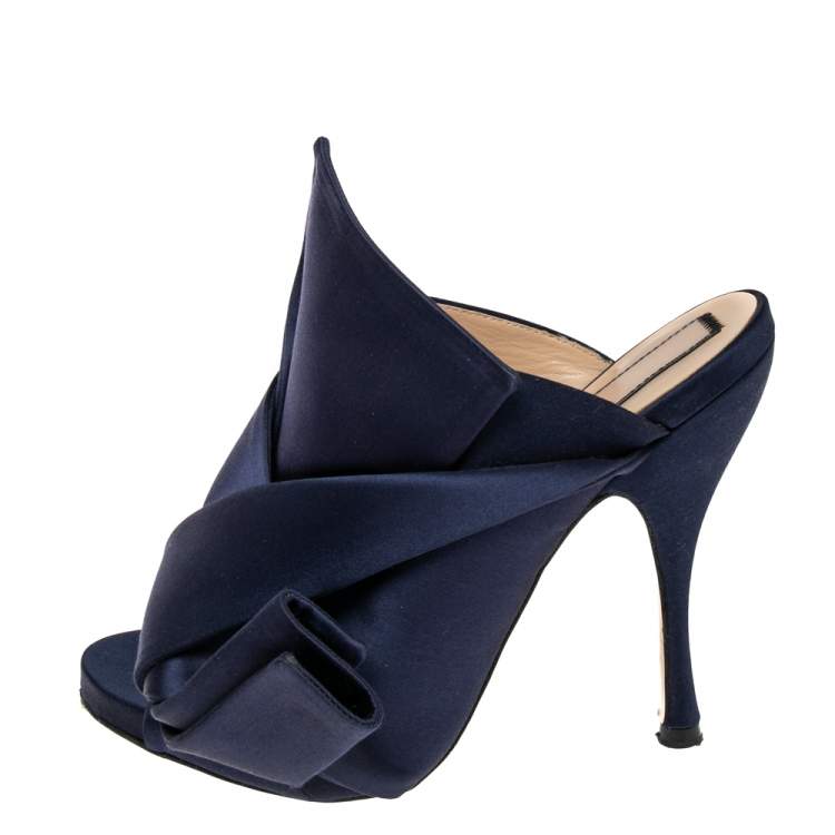 Pre Owned Nº21 Navy Blue Satin Raso Knot Peep Toe Mules Size 38 