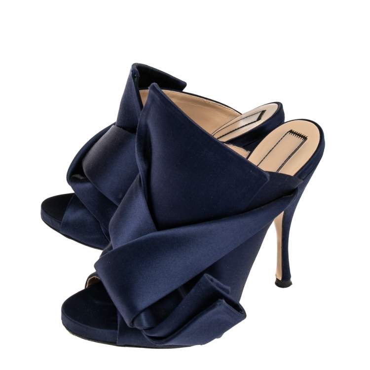 Pre Owned Nº21 Navy Blue Satin Raso Knot Peep Toe Mules Size 38 