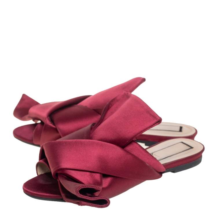 Pre Owned N21 Burgundy Satin Knotted Flats Size 36