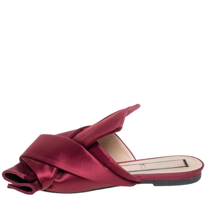 Pre Owned N21 Burgundy Satin Knotted Flats Size 36