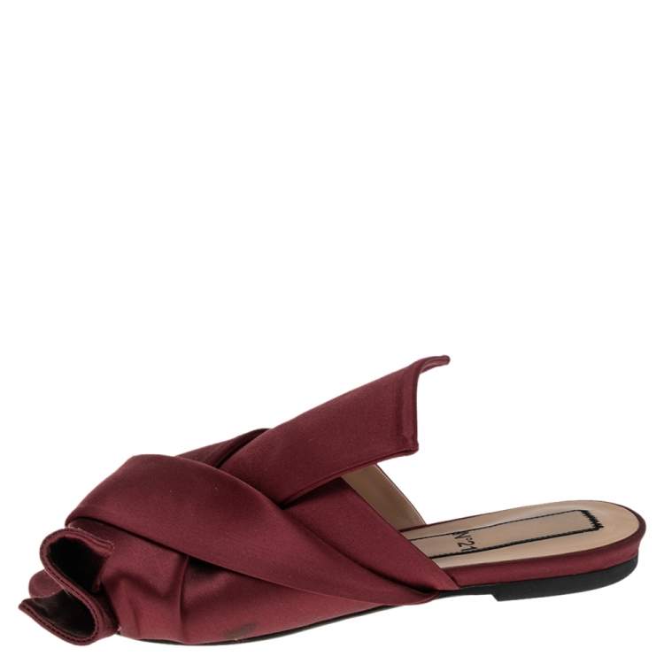 Pre Owned N21 Burgundy Satin Raso Knot Peep Toe Mules Size 37