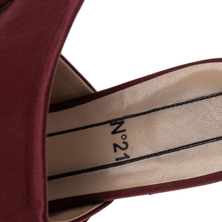 Pre Owned N21 Burgundy Satin Raso Knot Peep Toe Mules Size 37
